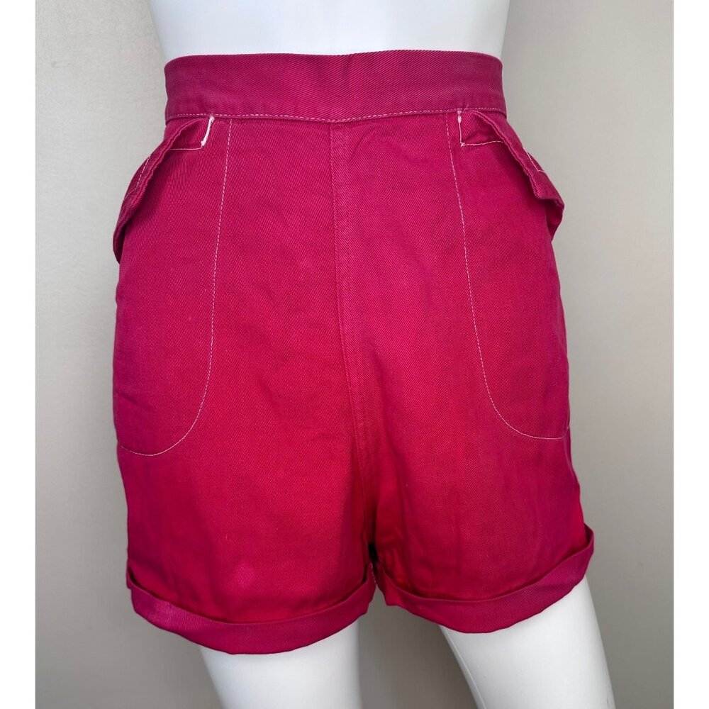 Vintage 1950s Red Denim Shorts, High Waisted, Cuffed, Back Zip, Faded Distressed